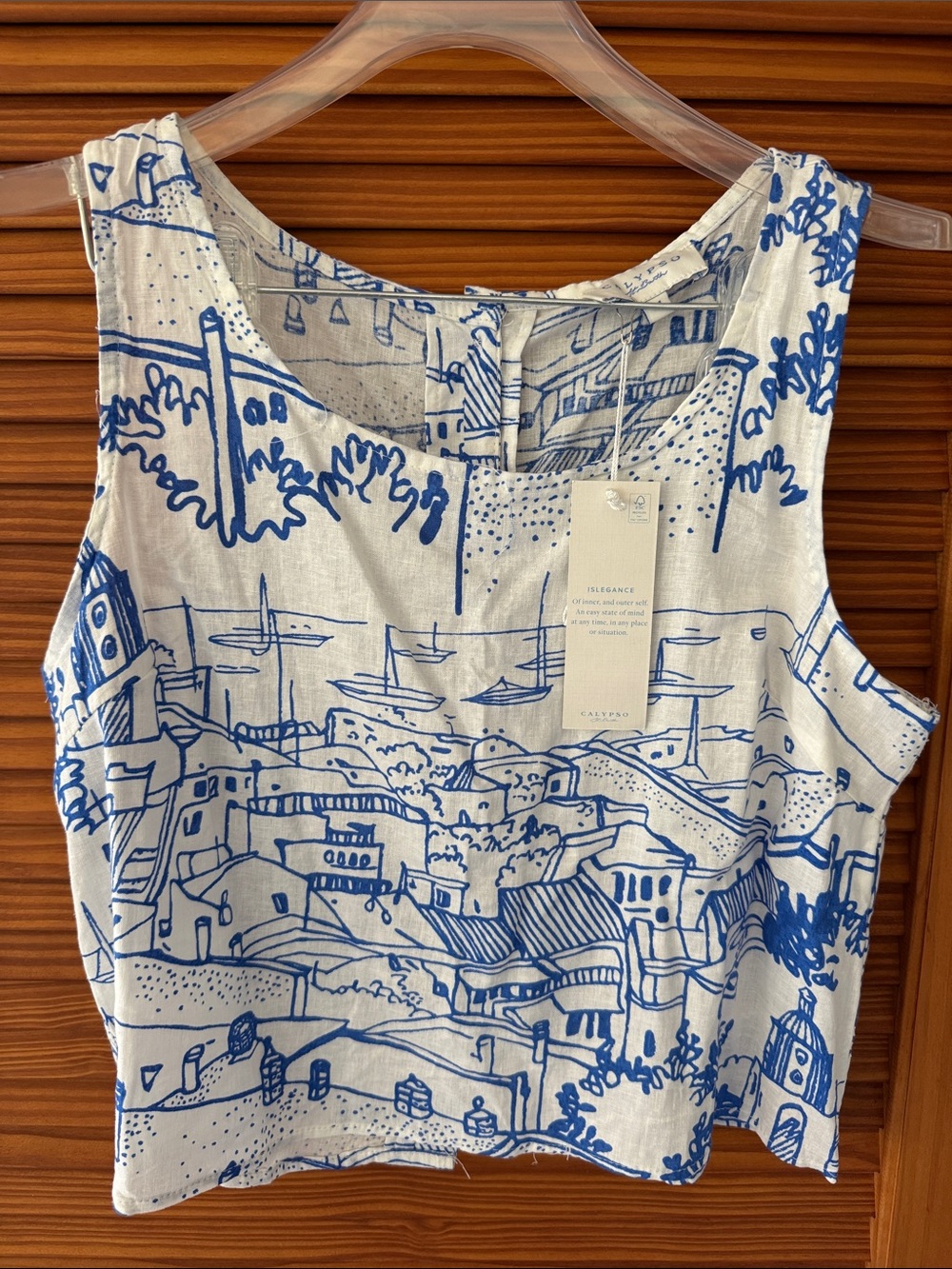 CALYPSO ST BARTH Sleeveless Blue & White Scenic Print Tank Top